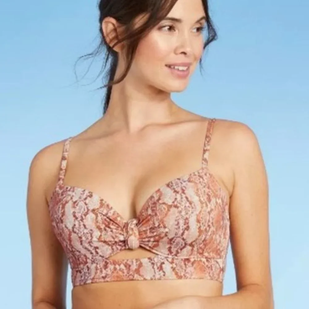 SHADE & SHORE Lurex Snake Print Longline Knot-Front 32B Bikini Top  𓆗  N…